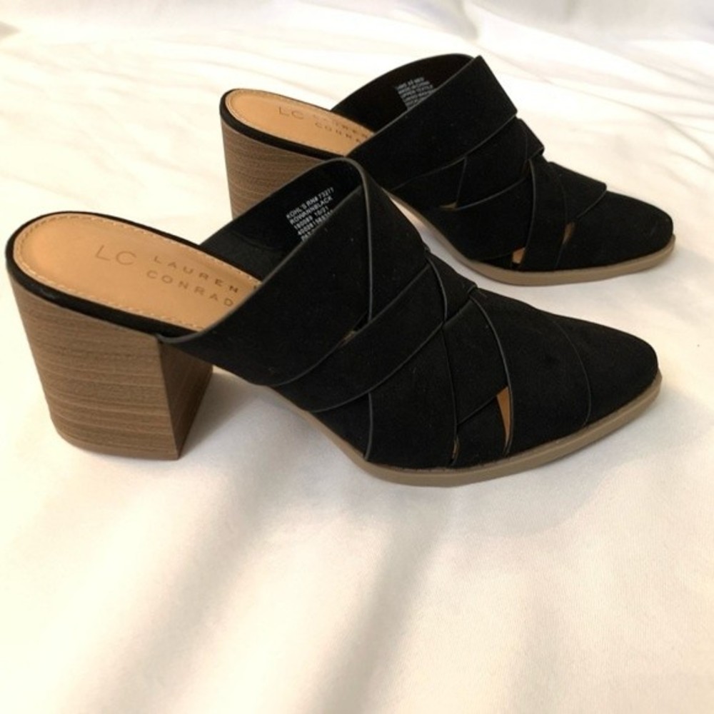 Lauren Conrad Shoes Womens 6.5 Block Heel Mule Rowann Black Faux Suede Fall
